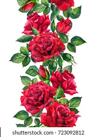 Red Roses Flowers - Floral Seamless Border. Watercolor Frame