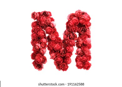 Red roses letter M, isolated on white background