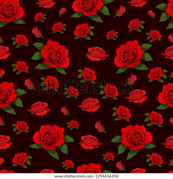 Red Roses Seamless Pattern On Black Stock Illustration 1296656206 ...