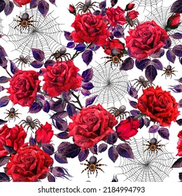 Red Roses, Spiders, Web. Halloween Seamless Pattern With Floral Ornament. Watercolor Dramatic Gothic Background With Grunge Flowers And Insects