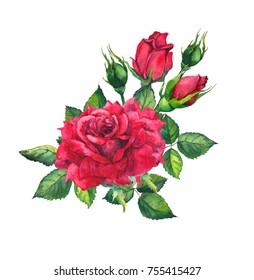 Red Roses. Watercolor Drawing For Valentine Day Card