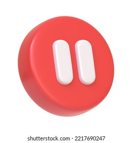 Red round pause button isolated on white background. 3D icon, sign and symbol. Cartoon minimal style. 3D Rendering Illustration