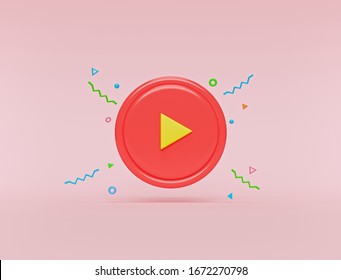 Red Round Play Button With Colorful Decorations Isolated On Pastel Pink Background. Concept Of Video, Audio Playback. 3d Rendering