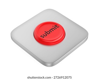 Red round submit button on white background, 3D illustration