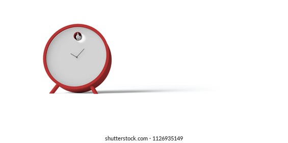 Red round table clock on a white background. Front view. 3D illustration