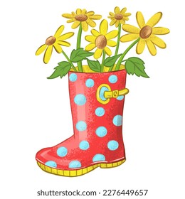 Red rubber boot with blue circules pattern and yellow flowers bouquet inside. Country garden and village home concept. Illustration on white background. - Powered by Shutterstock - Get 15% off with code: PIKWIZARD15