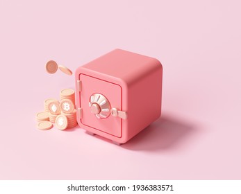 Red Safe box with gold coins stack font view on pink background. 3d render illustration 