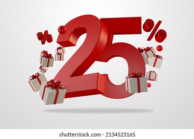 Red sale 25 percent off promotional 3d number floating with gift boxes