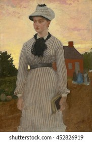 The Red School House, By Winslow Homer, 1873, American Painting, Oil On Canvas. A Young Woman School Teacher Walks From The One Room School In The 1870s. During The Civil War, Women Were Hired As Tea