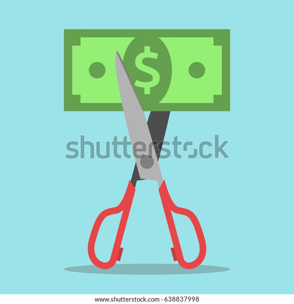 Red scissors cutting money bill\
on blue background. Discount, price and sale concept. Flat\
design