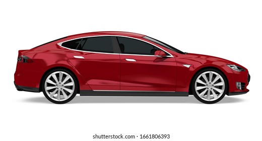 Red Sedan Car Isolated (side View). 3D Rendering