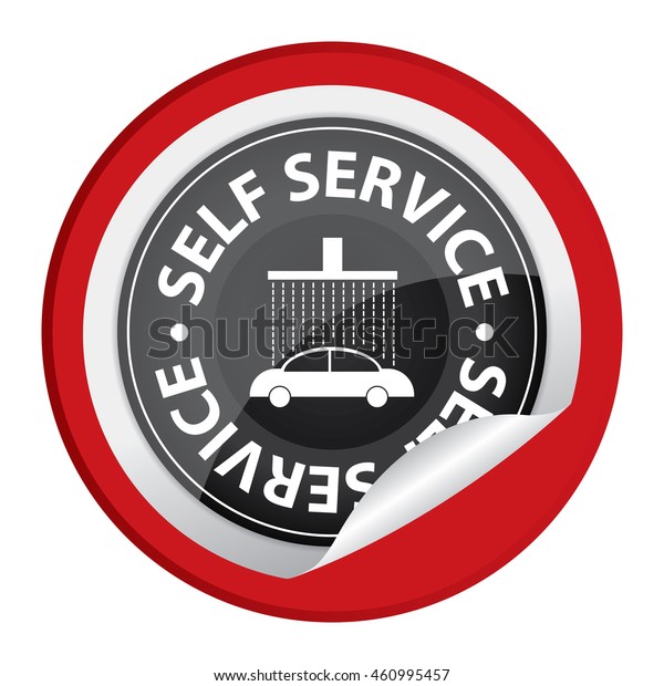Red Self Service Car\
Wash Sign Infographics Icon on Circle Peeling Sticker Isolated on\
White Background