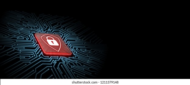 Red shield logo on microchip with glow circuit board background. Concept of  business security. Corporate, large scale organization control to protect customer data. Cryptocurrency token privacy