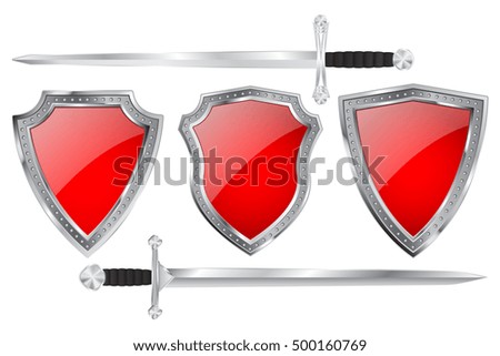 Red shield set with metal frame and swords. 3d illustration isolated on white background. Raster version
