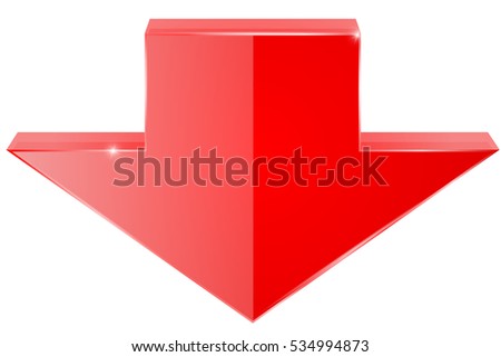 Red shiny DOWN arrow. 3d illustration isolated on white background. Raster version.