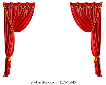 Red shiny theater curtains and yellow ropes, isolated on white background.