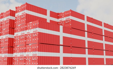 Red shipping containers featuring Denmark national flag illustrating Scandinavian maritime freight logistics global cargo transportation export import commercial storage industrial port operations and international trade activities.