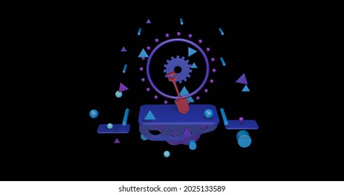 Red Shovel Symbol On A Pedestal Of Abstract Geometric Shapes Floating In The Air. Abstract Concept Art With Flying Shapes In The Center. 3d Illustration On Black Background