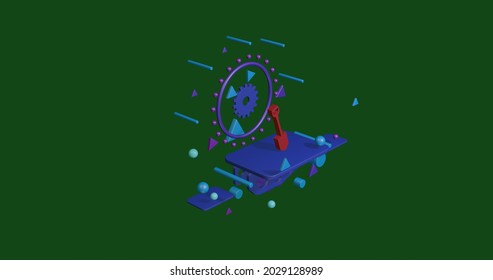 Red Shovel Symbol On A Pedestal Of Abstract Geometric Shapes Floating In The Air. Abstract Concept Art With Flying Shapes In The Center. 3d Illustration On Green Background