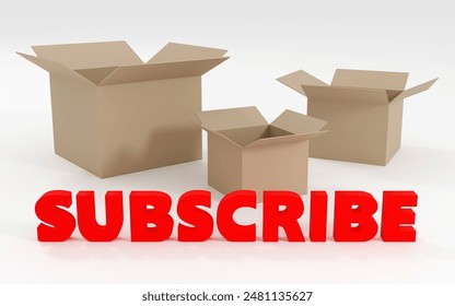 Red sign subscribe with empty boxes basket Minimal Concept 3D render Illustration on black background