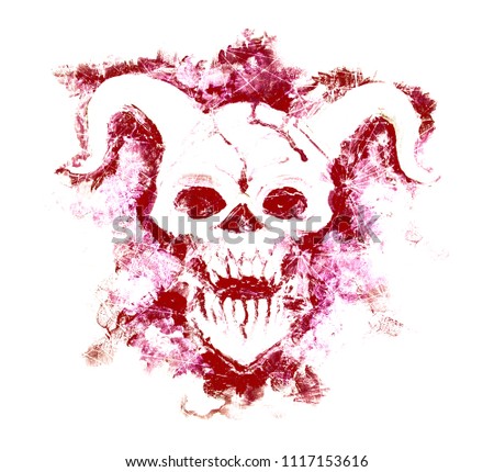 Red silhouette of devil face with cosmic patterns. Death symbol, black magic concept. Occult, esoteric and Halloween illustration