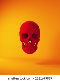 Red Skull Halloween Horror Death Head Human Anatomical Skeleton Orange Background 3d Illustration Render