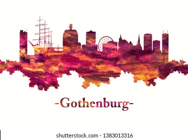 Red skyline of Gothenburg, a major city in Sweden, situated off the Göta älv river on the country's west coast.