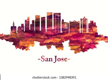 Red Skyline Of San Jose, Large City Surrounded By Rolling Hills In Silicon Valley