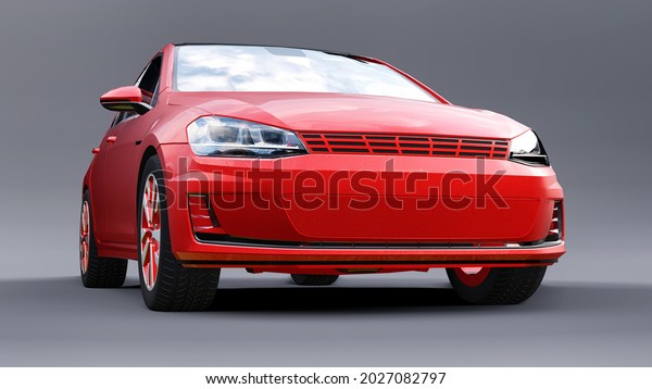 Red small family car hatchback on gray\
background. 3d\
rendering