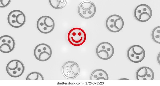 Red Smiling Face Emoticon In Between Crying And Sad Emoticon Faces 3d Rendering Illustration. Resilience Happiness Mental Health Concept