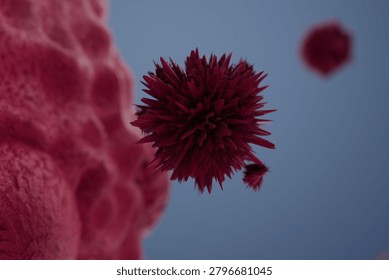 A red spiky object appears to be floating in a clear space. It is part of a scientific exploration or study on cellular or microbial structures. The background is light and soft.