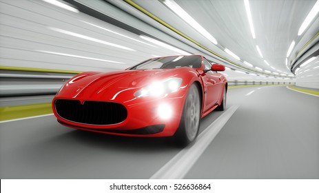 Red Sport Car In A Tunnel. Fast Driving. Oil Concept. 3d Rendering.