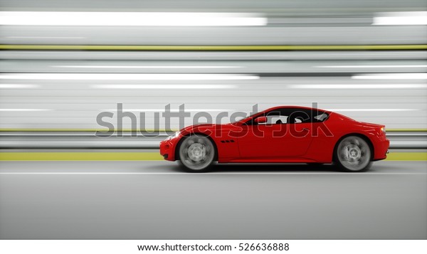 red sport car in a tunnel. fast driving. oil\
concept. 3d\
rendering.