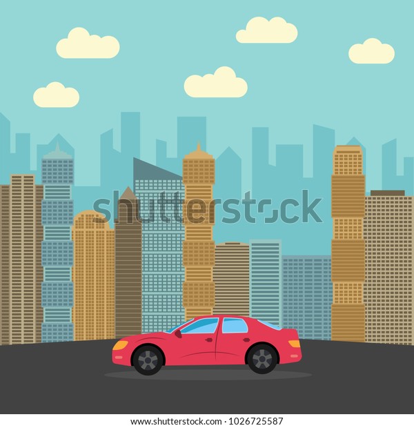 Red sports car in the city. Automobile\
on a background of skyscrapers on a sunny\
day.\
