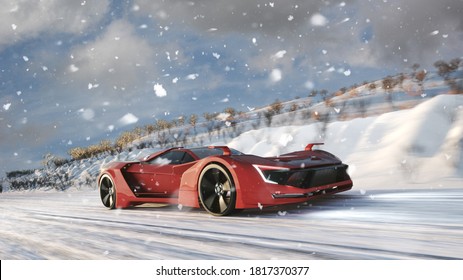 Red Sports Car Drives On Icy Road In Snow In Winter (3d Rendering)