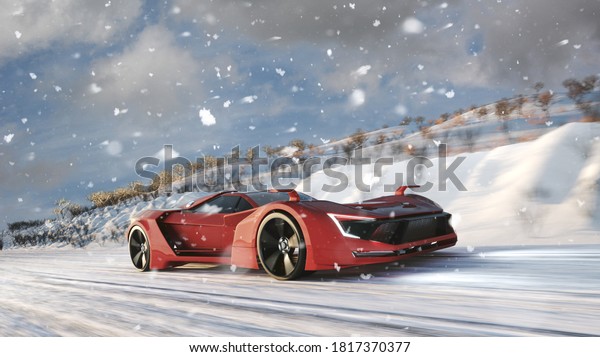 Red sports car drives on icy road in snow in\
winter (3d\
Rendering)