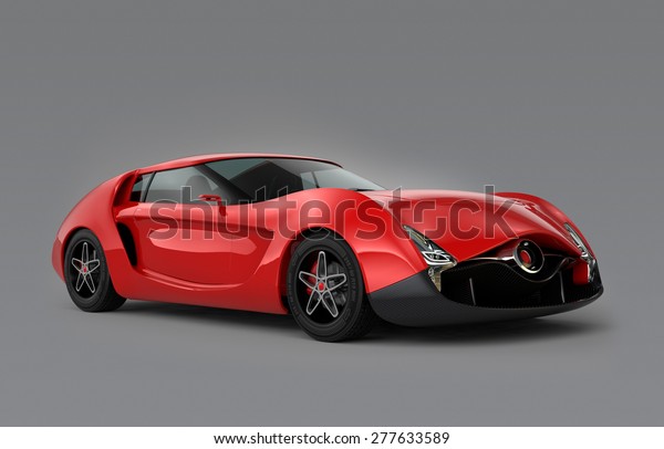 Red sports car\
isolated on gray background. Original design. 3D rendering image\
with clipping path.