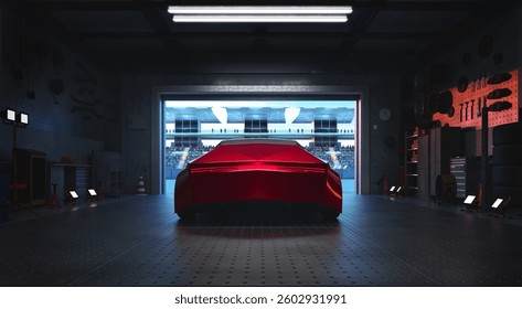 Red sports car parked in garage facing crowded stadium getting ready for race, motorsport, competition and winning concept. 3D rendering
