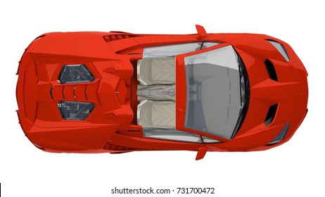 Red Sports Car View From Above Isolated On White. 3d Rendering