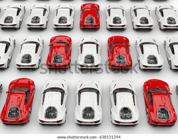 Red sports cars in formation amongst white\
cars - top down view - 3D\
Illustration