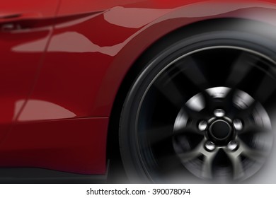 Red Sports Rear Drive Car Burn Out Peel Out Closeup 3D Illustration. Car Wheel Spinning.