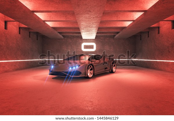 Red spots car in modern garage interior. Race\
and transport concept. 3D Rendering\
