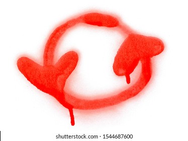 Red Spray Painted, Stained Graffiti Recycling Circle With Arrows Symbol Isolated On White Background, Clipping Path