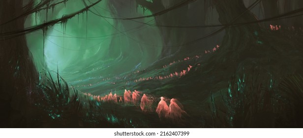 Red sprite in the magic forest, 3D illustration.