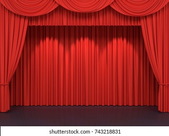 Red Stage Curtains. Luxury Red Velvet Drapes, Silk Drapery. Realistic Closed Theatrical Cinema Curtain. Waiting For Show, Movie End, Revealing New Product, Premiere, Marketing Concept. 3D Illustration