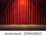 Red stage curtains and spotlight on a wooden floor, classic theater style, closed curtains, background concept for events or performances. 3D Rendering