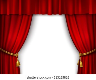 Red Stage Open Theater Velvet Curtain With Gold Textile Tassels Isolated  Illustration