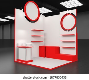 Red Stand Or Booth In A Tradeshow. 3d Render Exhibition Mockup