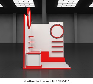 Red Stand Or Booth In A Tradeshow. 3d Render Exhibition Mockup