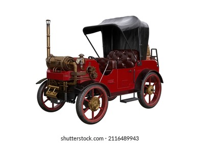 Red Steampunk Styled Steam Powered Vintage Motor Car. 3D Illustration Isolated On White.